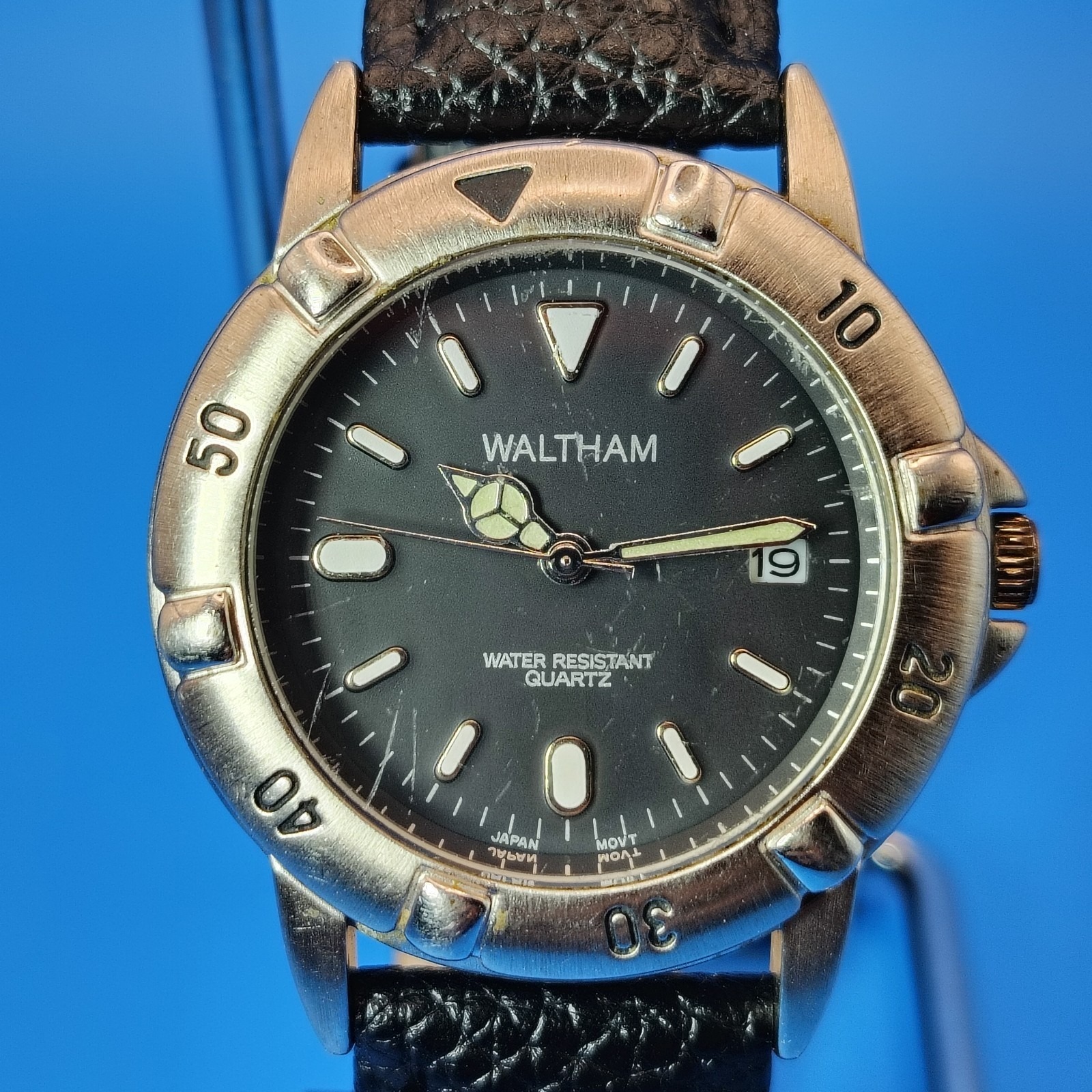 Vintage 1998 Waltham Diver Style 36mm Mens Quartz Watch New Leather Strap Resto